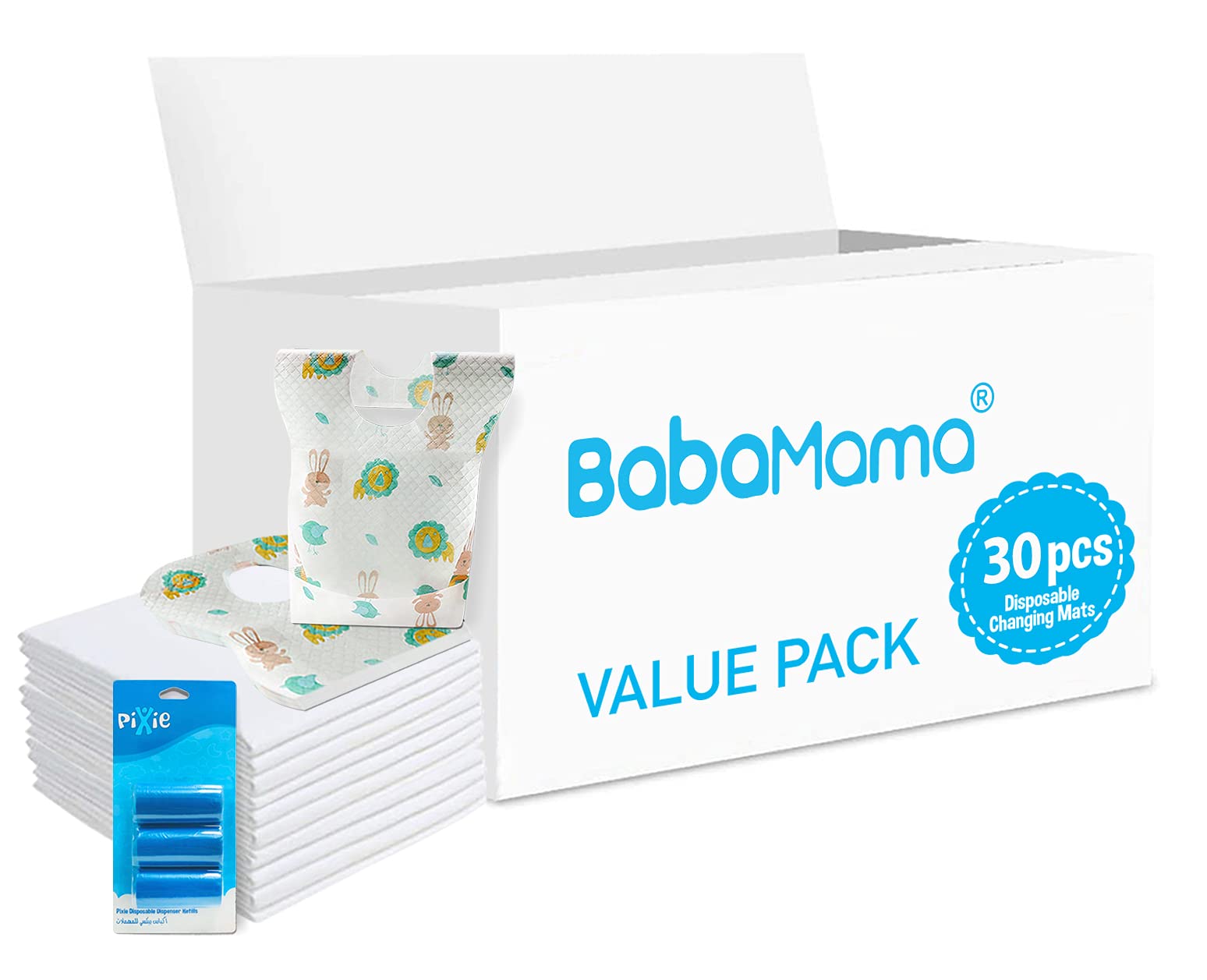 BABAMAMA Changing Mat 30 + PIXIE BIB 30 + Pack of 1 Refill BLUE (3 Rolls) 60 Nappy Bag بساط تغيير الحفاضات من باباماما 30 + مريلة بيكسي 30 + عبوة من قطعة واحدة أزرق قابلة لإعادة التعبئة (3 لفافات) 60 حقيبة حفاضات BABAMAMA Changing Mat 30 + PIXIE BIB 30 + Pack of 1 Refill BLUE (3 Rolls) 60 Nappy Bag بساط تغيير الحفاضات من باباماما 30 + مريلة بيكسي 30 + عبوة من قطعة واحدة أزرق قابلة لإعادة التعبئة (3 لفافات) 60 حقيبة حفاضات